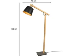 LED Stehleuchte mit Holz und Metall Lampenschirm Schwarz-Gold, Höhe 156cm