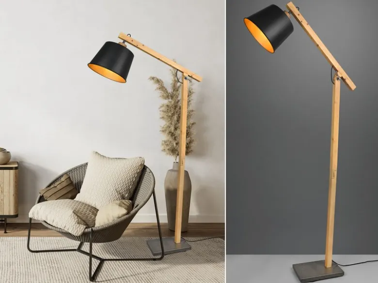 LED Stehleuchte mit Holz und Metall Lampenschirm Schwarz-Gold, Höhe 156cm