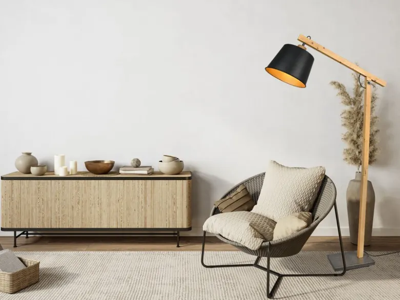 LED Stehleuchte mit Holz und Metall Lampenschirm Schwarz-Gold, Höhe 156cm