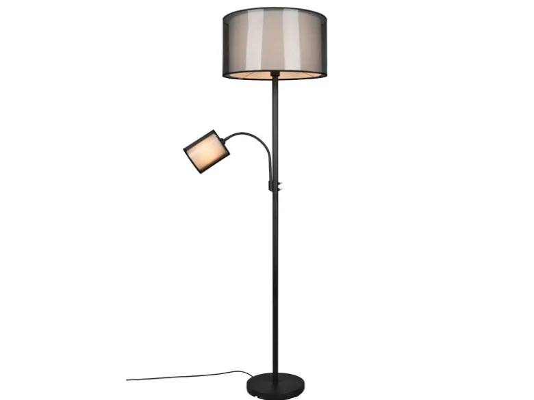 LED Stehleuchte mit Leselicht & Stoff Organza Schwarz innen Weiß, 174cm