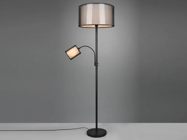 LED Stehleuchte mit Leselicht & Stoff Organza Schwarz innen Weiß, 174cm