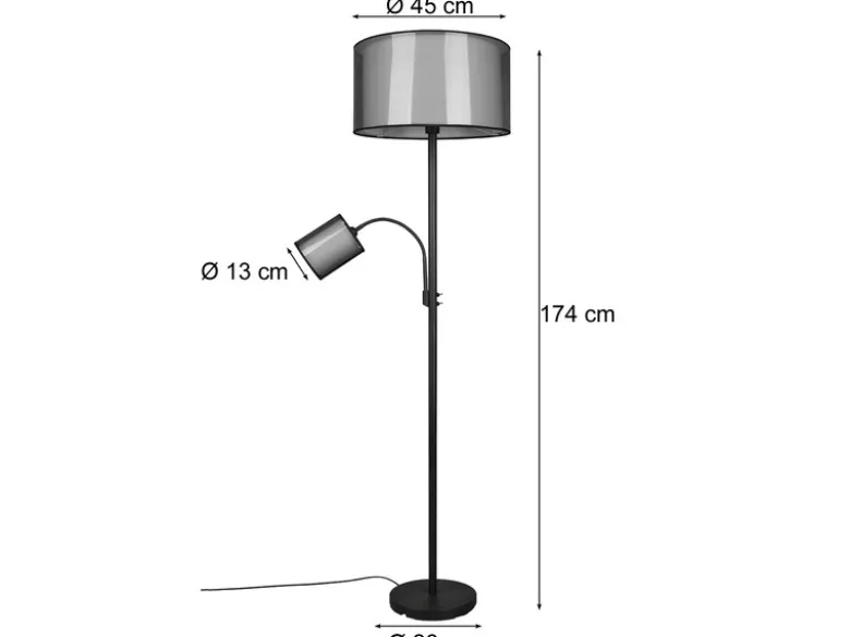 LED Stehleuchte mit Leselicht & Stoff Organza Schwarz innen Weiß, 174cm