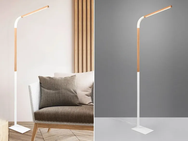 LED Stehleuchte NORRIS Weiß mit Holzelementen, Höhe 140cm
