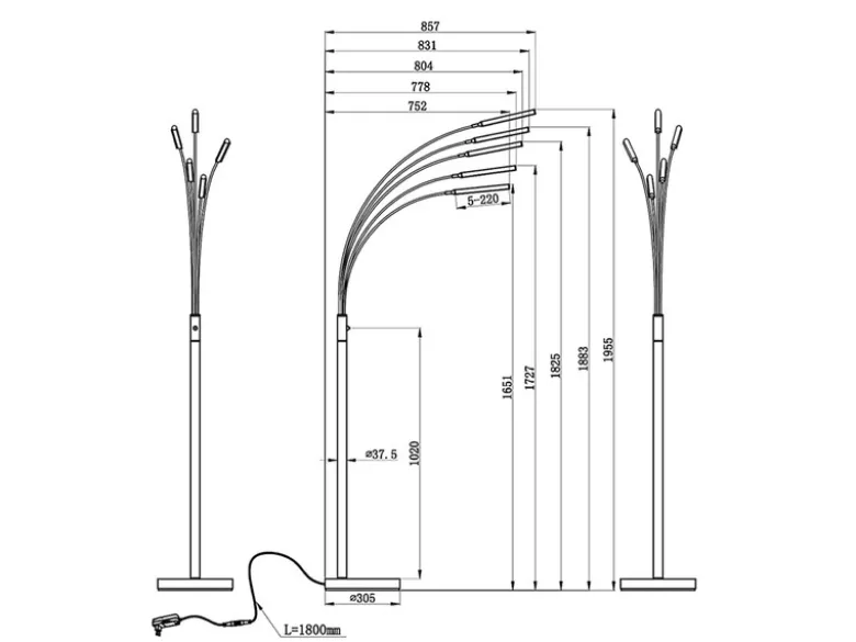 LED Stehleuchte REED 5 Arme Metall Schwarz, dimmbar - 195cm hoch