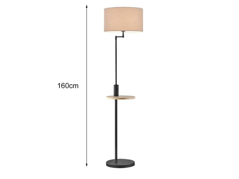 LED Stehleuchte Schwarz matt mit Stoffschirm, Ablagetisch & USB Anschluss, 160cm