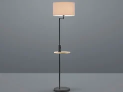 LED Stehleuchte Schwarz matt mit Stoffschirm, Ablagetisch & USB Anschluss, 160cm
