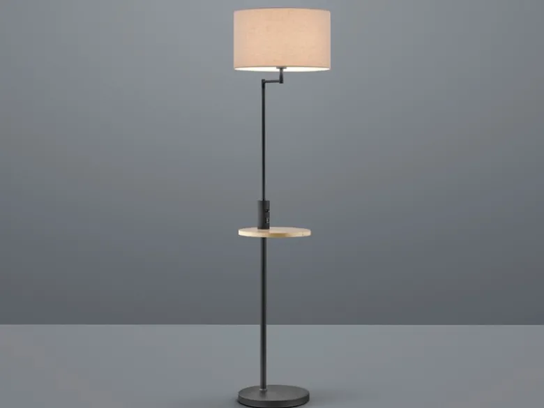 LED Stehleuchte Schwarz matt mit Stoffschirm, Ablagetisch & USB Anschluss, 160cm