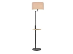 LED Stehleuchte Schwarz matt mit Stoffschirm, Ablagetisch & USB Anschluss, 160cm