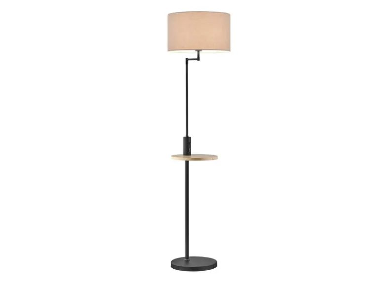 LED Stehleuchte Schwarz matt mit Stoffschirm, Ablagetisch & USB Anschluss, 160cm