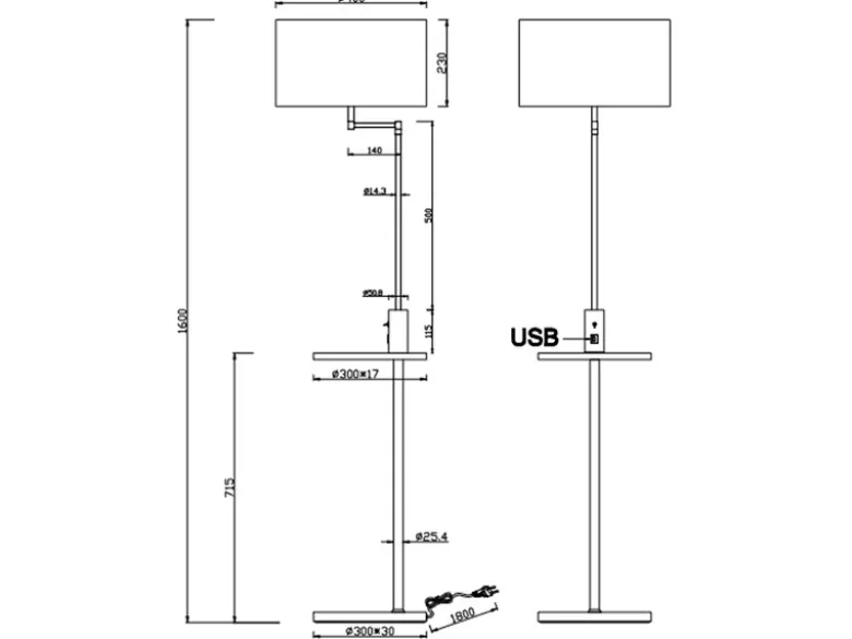 LED Stehleuchte Silber matt mit Stoffschirm, Ablagetisch & USB Anschluss, 160cm