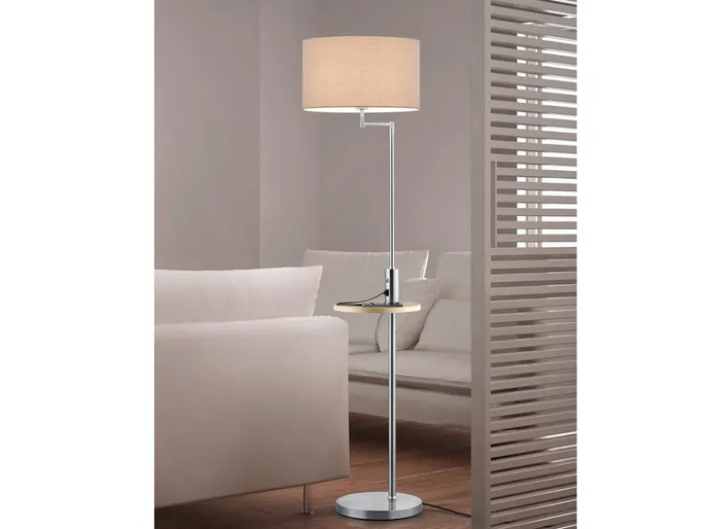 LED Stehleuchte Silber matt mit Stoffschirm, Ablagetisch & USB Anschluss, 160cm