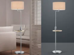 LED Stehleuchte Silber matt mit Stoffschirm, Ablagetisch & USB Anschluss, 160cm