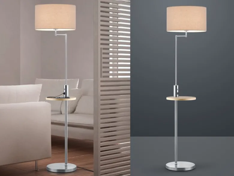 LED Stehleuchte Silber matt mit Stoffschirm, Ablagetisch & USB Anschluss, 160cm
