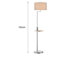 LED Stehleuchte Silber matt mit Stoffschirm, Ablagetisch & USB Anschluss, 160cm