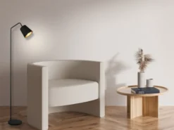 LED Stehleuchte Spot schwenkbar, Metall & Stoffschirm Schwarz/Gold, Höhe 148cm