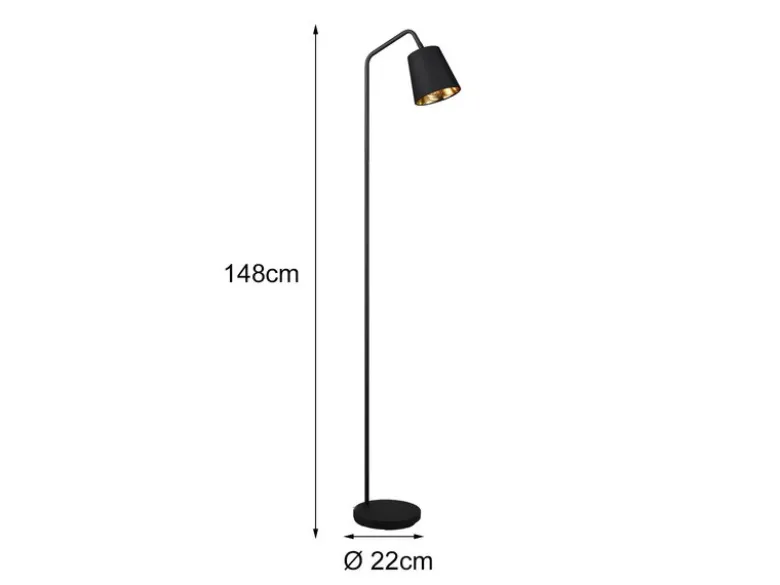 LED Stehleuchte Spot schwenkbar, Metall & Stoffschirm Schwarz/Gold, Höhe 148cm