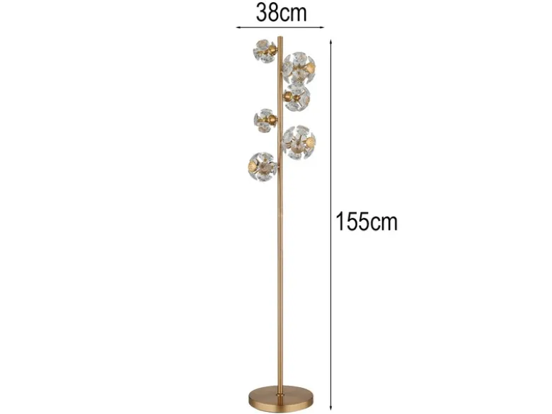 LED Stehleuchte VIRINA Gold mit fünf Kugeln aus K9 Kristallen, Höhe 155cm