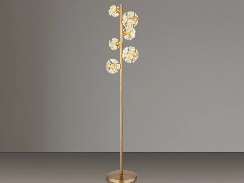 LED Stehleuchte VIRINA Gold mit fünf Kugeln aus K9 Kristallen, Höhe 155cm