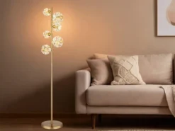LED Stehleuchte VIRINA Gold mit fünf Kugeln aus K9 Kristallen, Höhe 155cm
