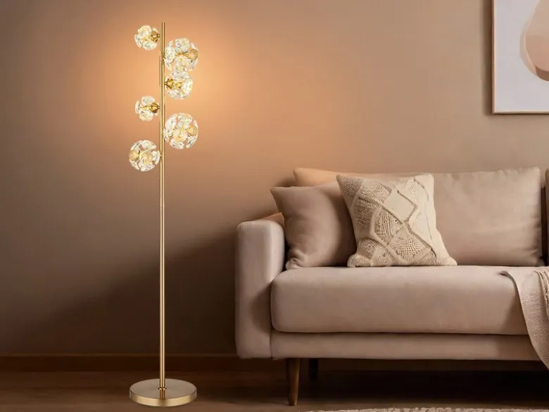 LED Stehleuchte VIRINA Gold mit fünf Kugeln aus K9 Kristallen, Höhe 155cm