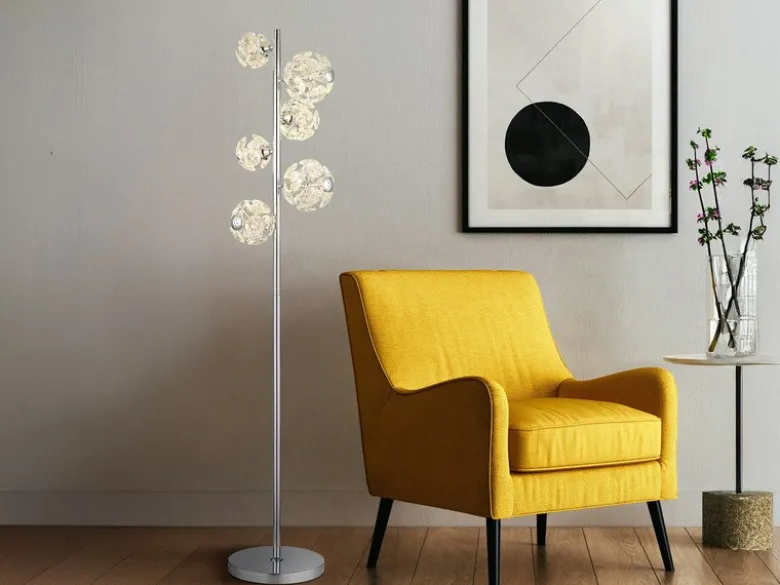 LED Stehleuchte VIRINA Silber Chrom mit fünf Kugeln aus K9 Kristallen, H: 155cm