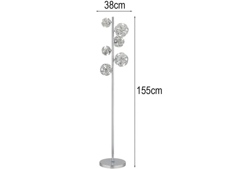 LED Stehleuchte VIRINA Silber Chrom mit fünf Kugeln aus K9 Kristallen, H: 155cm