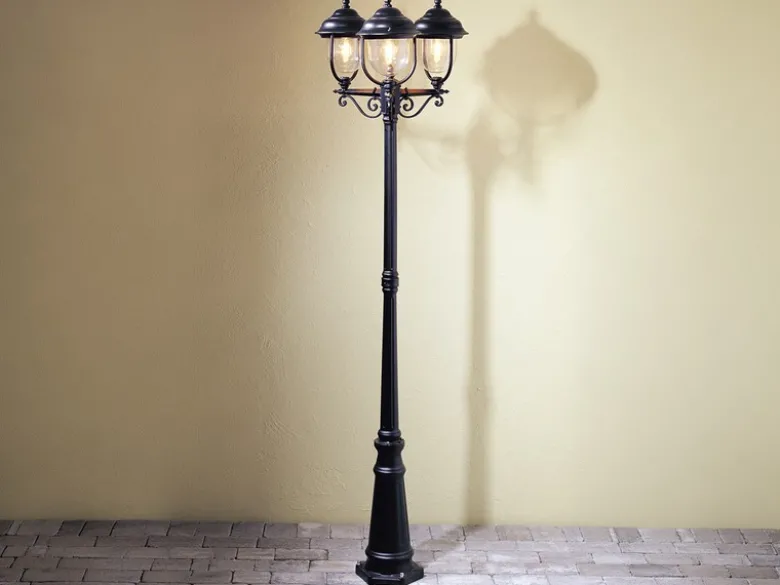 LED Straßenlaterne im Landhausstil, 3-flammig aus Aluminium Schwarz, Höhe 218cm