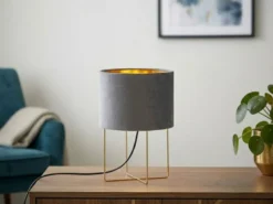LED Tischeuchte mit Lampenschirm Samt Grau - innen Gold, Höhe 32cm