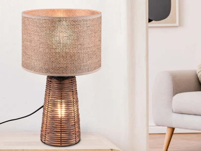 LED Tischlampe aus Naturmaterial Rattan Braun, Höhe 40cm