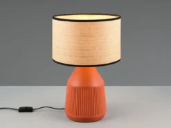 LED Tischlampe dimmbar, Keramikfuß Terrakotta, Papierschirm geflochten, H43cm