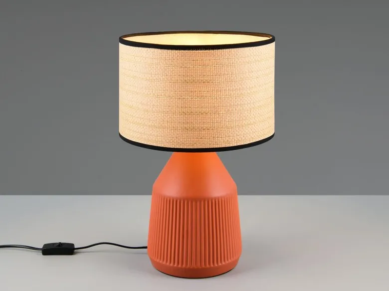 LED Tischlampe dimmbar, Keramikfuß Terrakotta, Papierschirm geflochten, H43cm