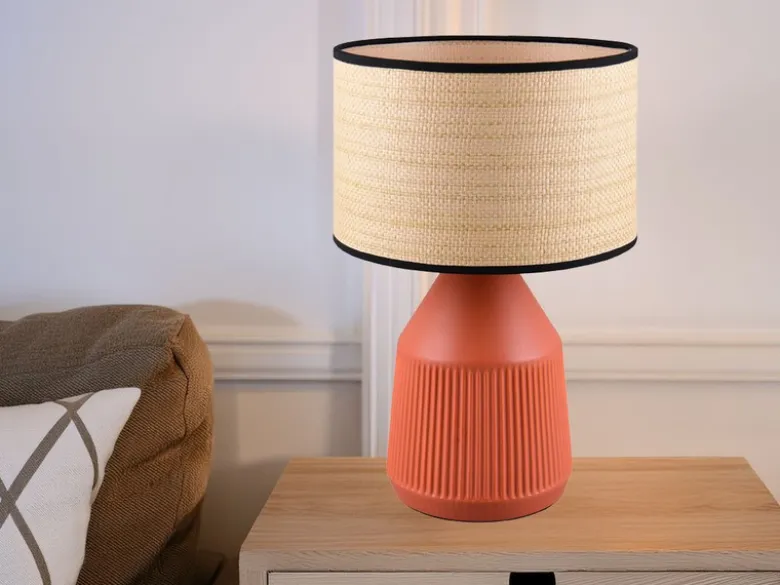 LED Tischlampe dimmbar, Keramikfuß Terrakotta, Papierschirm geflochten, H43cm