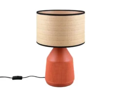 LED Tischlampe dimmbar, Keramikfuß Terrakotta, Papierschirm geflochten, H43cm