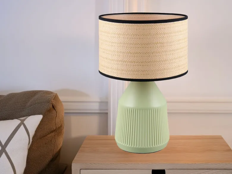 LED Tischlampe dimmbar, Keramikfuß Grün, Papierschirm geflochten, Höhe 43cm