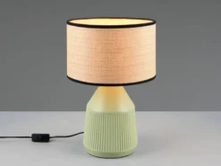 LED Tischlampe dimmbar, Keramikfuß Grün, Papierschirm geflochten, Höhe 43cm