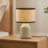 LED Tischlampe dimmbar, Keramikfuß Grün, Papierschirm geflochten, Höhe 26,5cm