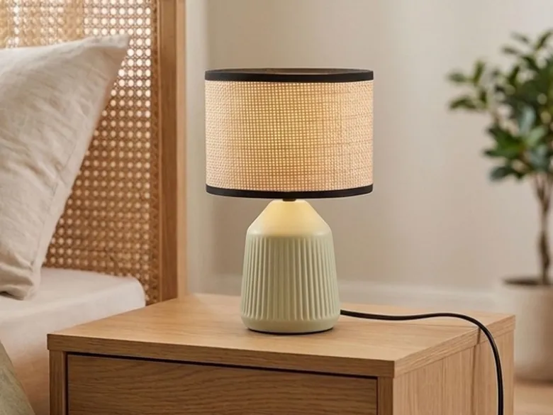 LED Tischlampe dimmbar, Keramikfuß Grün, Papierschirm geflochten, Höhe 26,5cm