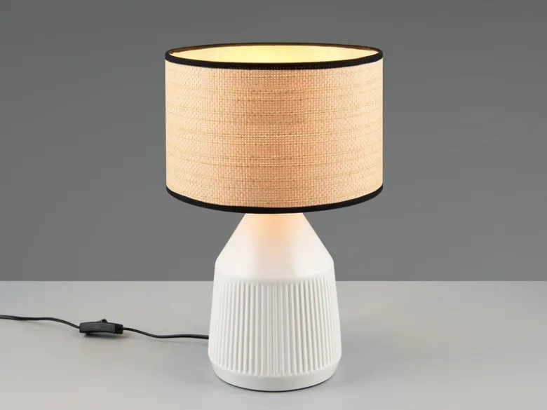 LED Tischlampe dimmbar, Keramikfuß Weiß, Papierschirm geflochten, Höhe 43cm