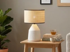LED Tischlampe dimmbar, Keramikfuß Weiß, Papierschirm geflochten, Höhe 43cm