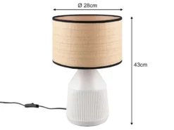 LED Tischlampe dimmbar, Keramikfuß Weiß, Papierschirm geflochten, Höhe 43cm