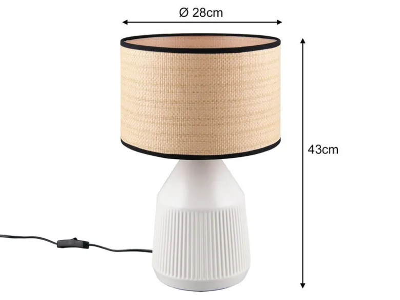 LED Tischlampe dimmbar, Keramikfuß Weiß, Papierschirm geflochten, Höhe 43cm