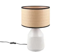 LED Tischlampe dimmbar, Keramikfuß Weiß, Papierschirm geflochten, Höhe 43cm