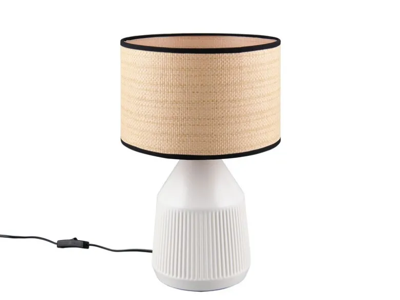 LED Tischlampe dimmbar, Keramikfuß Weiß, Papierschirm geflochten, Höhe 43cm