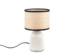 LED Tischlampe dimmbar, Keramikfuß Weiß, Papierschirm geflochten, Höhe 26,5cm
