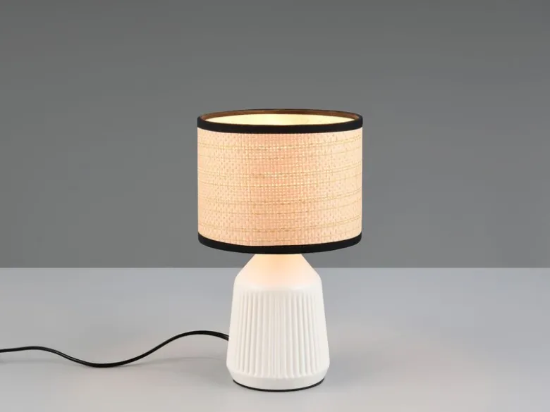 LED Tischlampe dimmbar, Keramikfuß Weiß, Papierschirm geflochten, Höhe 26,5cm