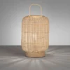LED Tischlampe dimmbar, Laterne aus Holz & Korbgeflecht, Höhe 28,5cm