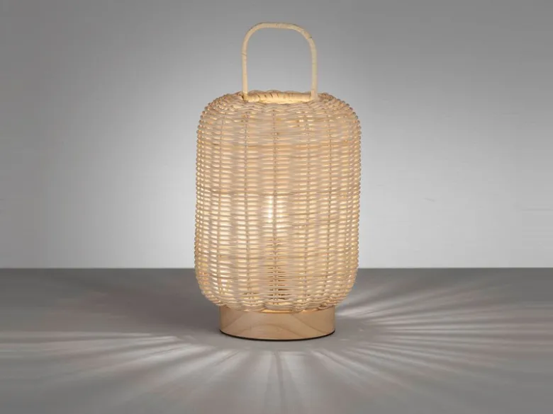 LED Tischlampe dimmbar, Laterne aus Holz & Korbgeflecht, Höhe 28,5cm