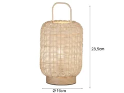 LED Tischlampe dimmbar, Laterne aus Holz & Korbgeflecht, Höhe 28,5cm