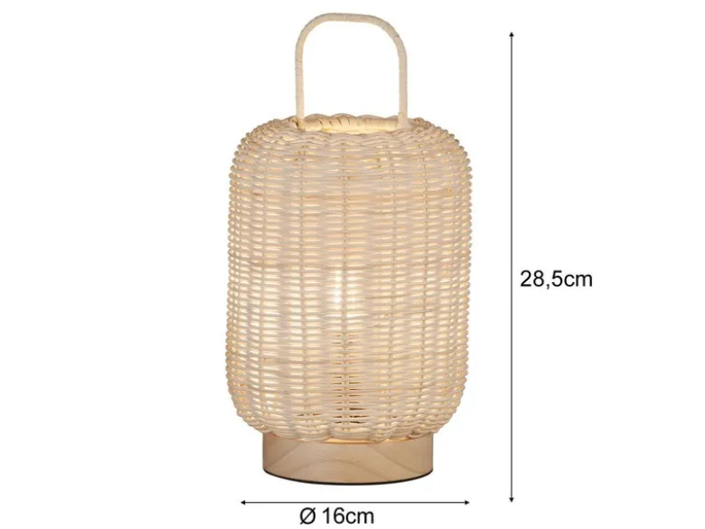 LED Tischlampe dimmbar, Laterne aus Holz & Korbgeflecht, Höhe 28,5cm