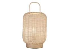 LED Tischlampe dimmbar, Laterne aus Holz & Korbgeflecht, Höhe 28,5cm